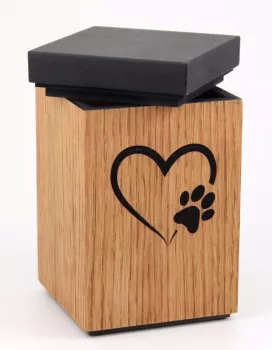 Holztierurne in Blockform Deckel geöffnet