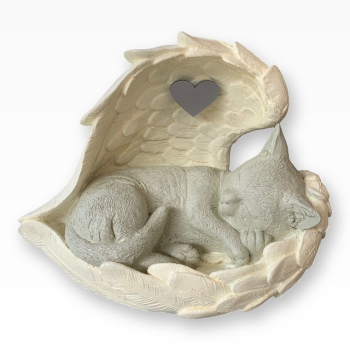 Preview: Tierurne Katze in Engelsflügel, Katze einfarbig grau bemalt, Flügel creme, Herz silberfarben