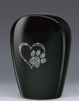 Preview: Keramik-Tierurne mit Herz-Pfoten-Symbol aus Kristallen, schwarz glasiert