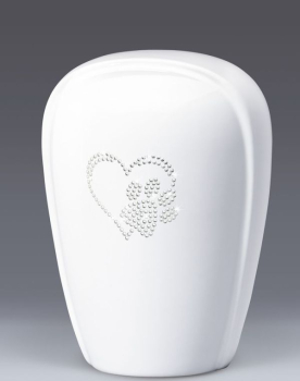 Preview: Keramik-Tierurne mit Herz-Pfoten-Symbol aus Kristallen, weiß glasiert