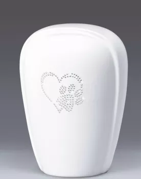Keramik-Tierurne mit Herz-Pfoten-Symbol aus Kristallen, weiß glasiert