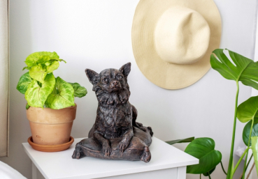 Preview: Kunstharzurne Chihuahua auf einem Schränkchen