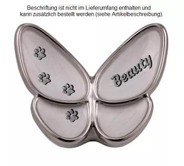 Beispiel Folienbeschriftung in Glitzer-Schatteneffekt mit Namen und Pfotenspur, Glitzer silberfarben, Schatten schwarz
