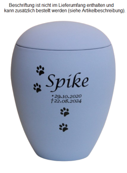 Preview: Beispiel Folienbeschriftung Name, Lebensdaten und Pfotenspur, Schrift Lucida in schwarz, himmelblau 2,8 Liter