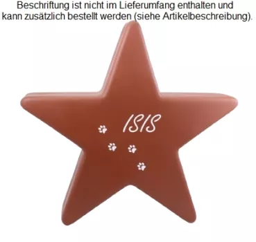 Tierurne Stern in braun 2,0 Liter, Folienbeschriftung und Pfotenspur in weiß, Schrift Minka