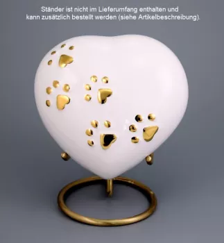 Tierurne Herz Pfoten in weiß 0,6 Liter im goldfarbenen Ständer