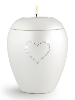 Preview: Keramikurne Kristall Herz perlmutt, Gedenklicht