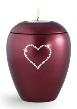 Preview: Keramikurne Kristall Herz weinrot, Gedenklicht