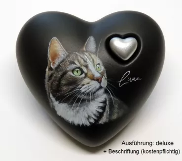 Herzurne mit Portrait der Katze Luna, Ausführung deluxe, Dekoherz: silberfarben