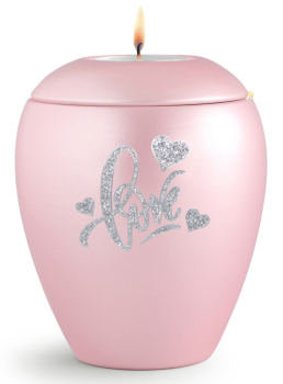 Preview: Tierurne Sparkling rose Love-Motiv silberfarben, mit Gedenklicht