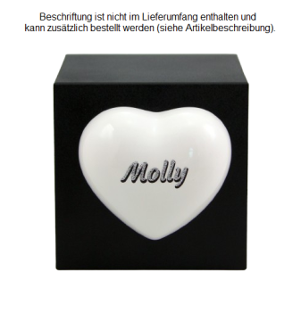 Tierurne Würfel mit Herz in schwarz, Herz weiß, 1,3 Liter mit Folienbeschriftung Glitzer-Schatteneffekt silberfarben, Schatten schwarz