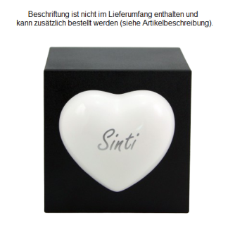 Tierurne Würfel mit Herz in schwarz, Herz weiß, 1,3 Liter, Folienbeschriftung silberfarben, Schriftart Minka