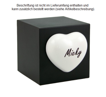 Tierurne Würfel mit Herz in schwarz, Herz weiß, 1,3 Liter, Folienbeschriftung schwarz, Schriftart Minka
