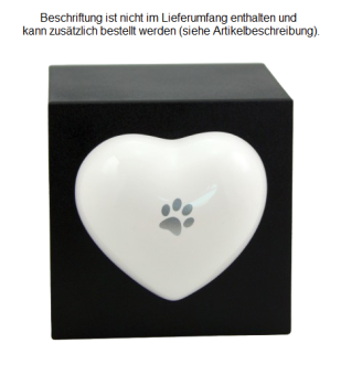 Tierurne Würfel mit Herz in schwarz, Herz weiß, 1,3 Liter, Folienbeschriftung Pfote silberfarben