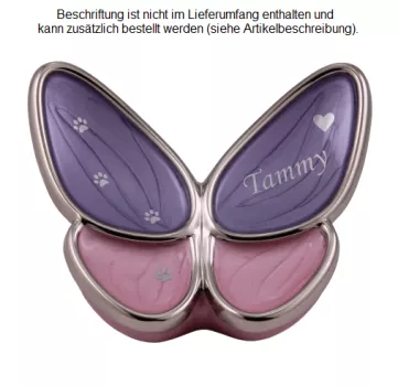 Tierurne Schmetterling rosa 0,4 Liter, Folienbeschriftung Name und Pfotenspur, Blacky silberfarben