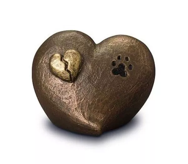 Herz mit gebrochenem Herz und Pfotenabdruck, bronze