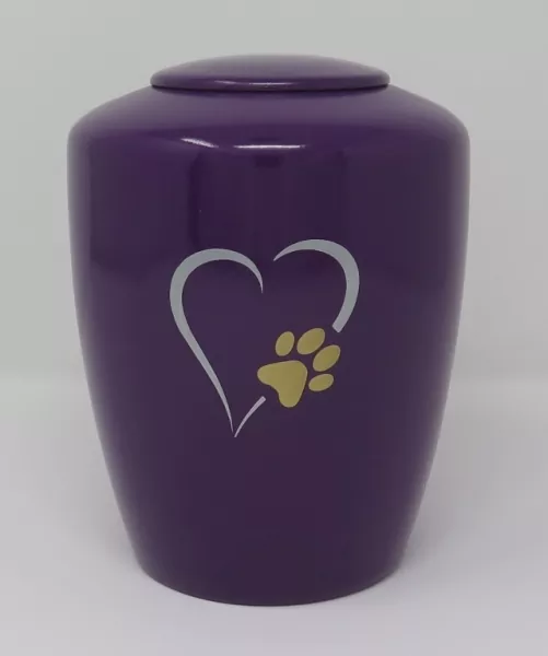 Tierurne Pfotenherz 1,5 Liter violett, Pfote goldfarben, Herz silberfarben