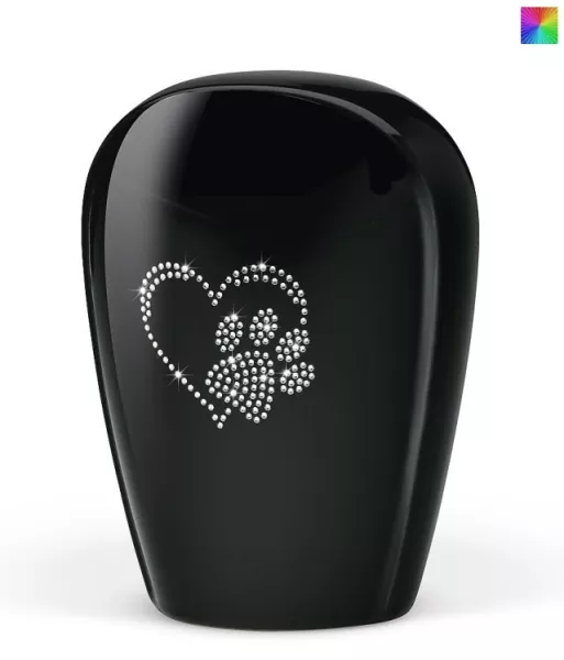 Keramik-Tierurne mit Herz-Pfoten-Symbol aus Kristallen, schwarz glasiert