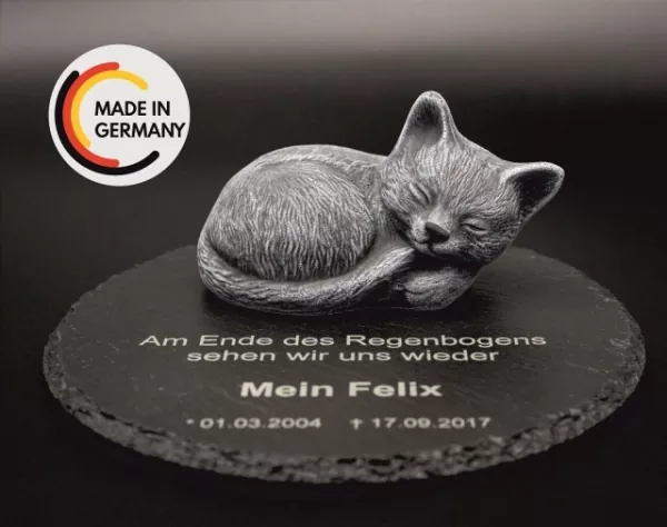 Gedenkplatte Katze aus Natursteinschiefer, Steinguß-Katze in grau und Gravur-Beispiel, Made in Germany