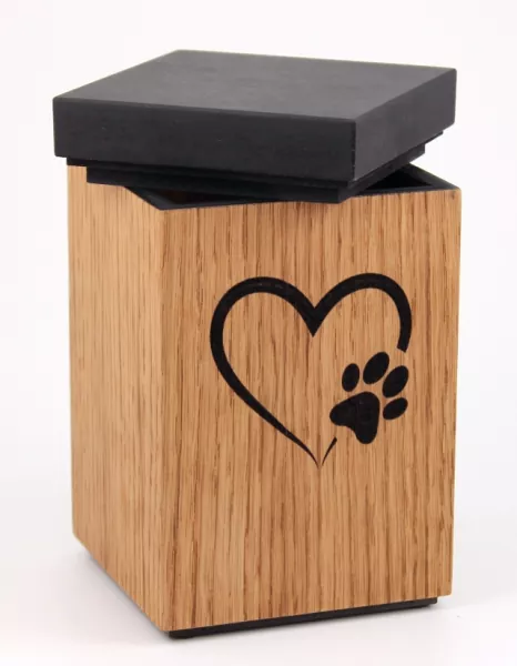 Holztierurne in Blockform Deckel geöffnet