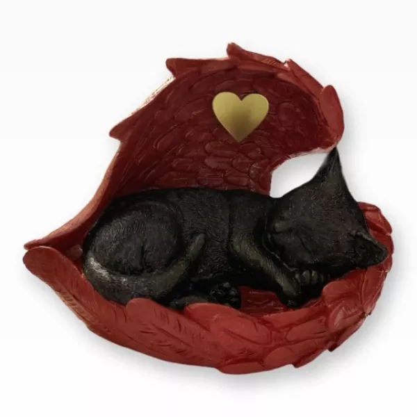 Tierurne Katze in Engelsflügel, Katze einfarbig schwarz bemalt, Flügel weinrot, Herz goldfarben Tierurne Katze in Engelsflügel, Katze einfarbig schwarz bemalt, Flügel weinrot, Herz goldfarben