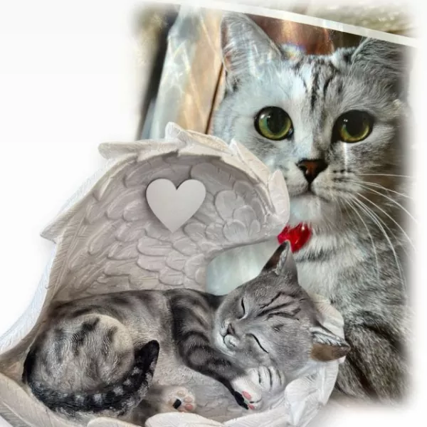 Tierurne Katze in Engelsflügel nach Fotovorlage bemalt, Flügel hellgrau, Herz silberfarben Tierurne Katze in Engelsflügel nach Fotovorlage bemalt, Flügel hellgrau, Herz silberfarben