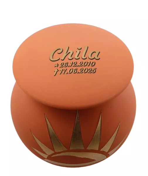 Beispiel Folienbeschriftung mit Schatteneffekt goldfarben, Schatten schwarz auf Keramikurne Sonne Art. Nr. 812009