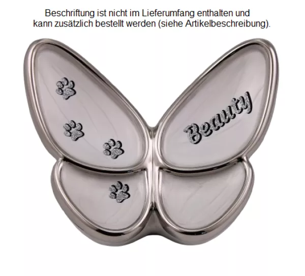 Beispiel Folienbeschriftung in Glitzer-Schatteneffekt mit Namen und Pfotenspur, Glitzer silberfarben, Schatten schwarz