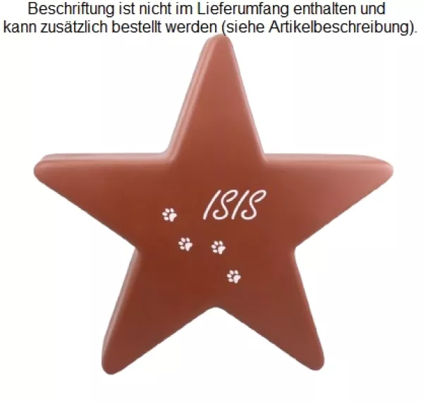 Tierurne Stern in braun 2,0 Liter, Folienbeschriftung und Pfotenspur in weiß, Schrift Minka