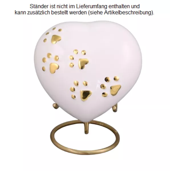 Tierurne Herz Pfoten in weiß 0,6 Liter im goldfarbenen Ständer