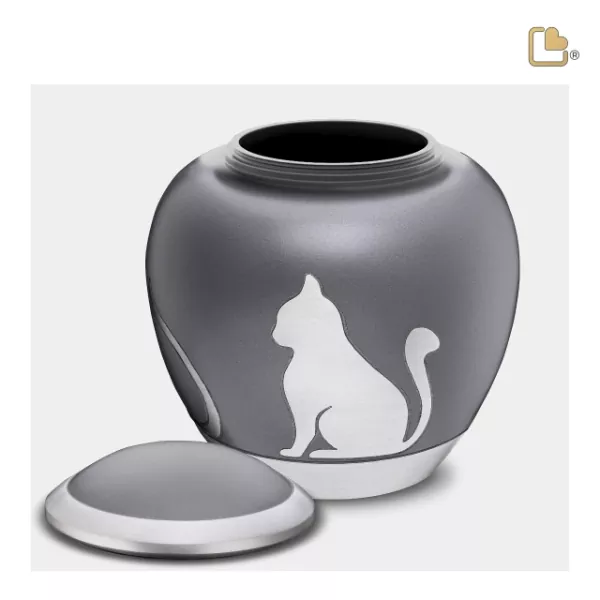 Katzenurne Metall grau, Schatten-Bild sitzend, Deckel offen Katzenurne Metall grau, Schatten-Bild sitzend, Deckel offen