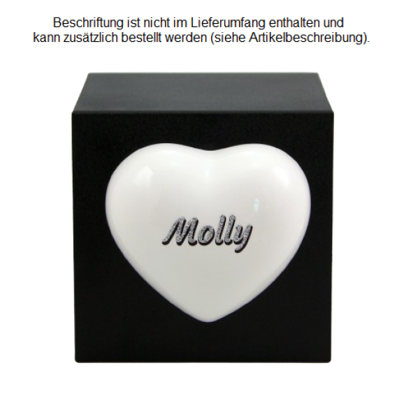 Tierurne Würfel mit Herz in schwarz, Herz weiß, 1,3 Liter mit Folienbeschriftung Glitzer-Schatteneffekt silberfarben, Schatten schwarz