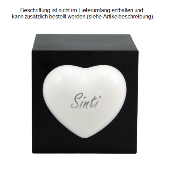 Tierurne Würfel mit Herz in schwarz, Herz weiß, 1,3 Liter, Folienbeschriftung silberfarben, Schriftart Minka