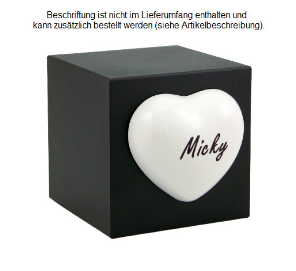 Tierurne Würfel mit Herz in schwarz, Herz weiß, 1,3 Liter, Folienbeschriftung schwarz, Schriftart Minka